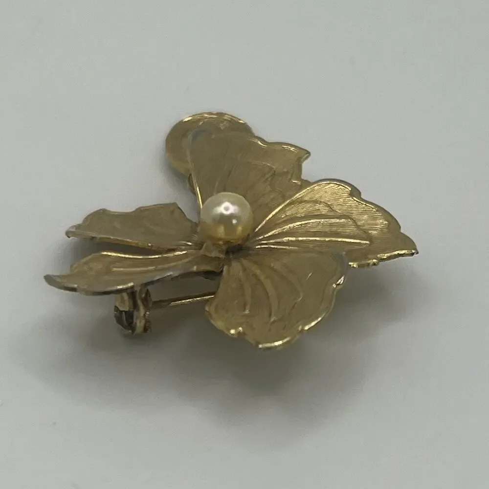 Vintage Textured Gold Tone Flower Faux Pearl & Miraculous Medal Charm Brooch